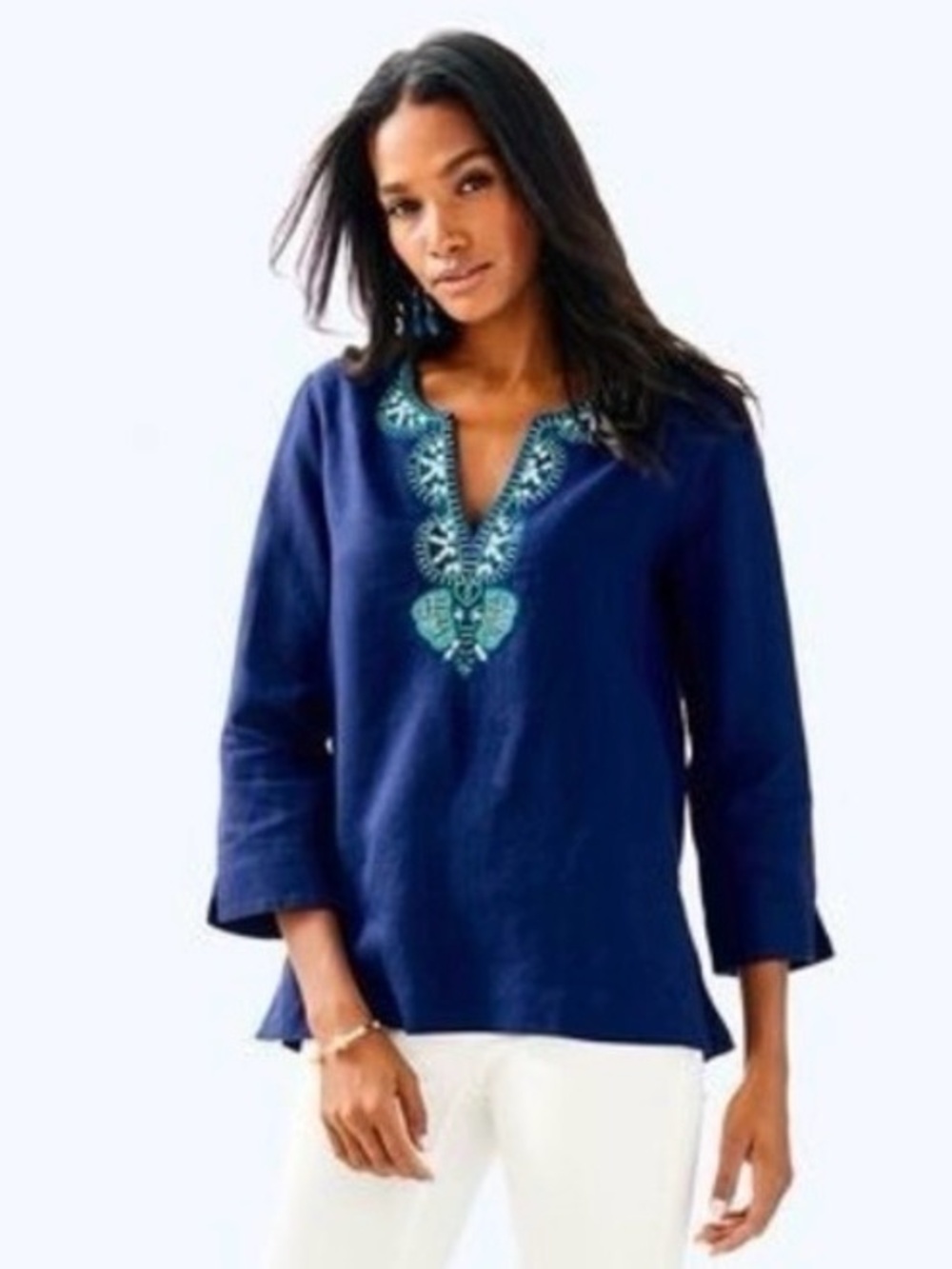 Lilly Pulitzer Amelia Island Tunic True Navy Beaded Linen, Size Small S Elephant